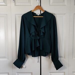 HYFVE Womens Green Lightweight Long Sleeve Waterfall Tie Shirt SZ LG French Cuff